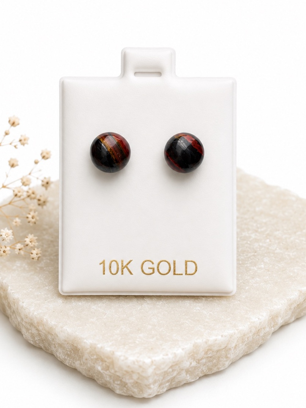 10K Gold Red Tiger Eye Ball Stud Earrings NWT